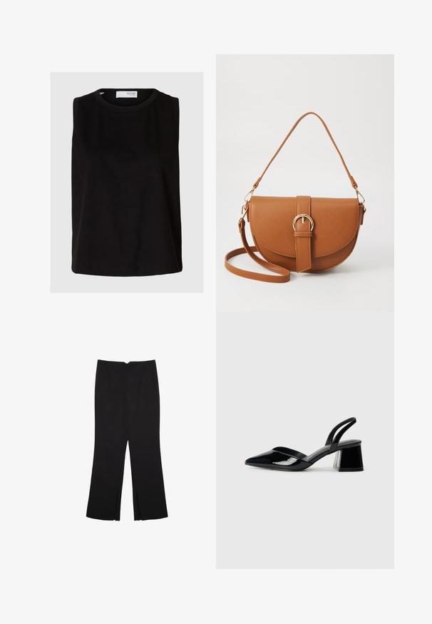 Mustalla hihattomalla paidalla, jossa on pyöreä kaula-aukko. Valmistettu pehmeästä kankaasta, jossa on rento istuvuus ja siisti, yksinkertainen muotoilu. Yksivärinen ilman kuvioita.; Mustat housut suoralinjaisella leikkauksella, joissa on etutaskut ja sivurei'ät helman alla. Valmistettu pehmeästä ja sileästä kankaasta. Sopii eri tilaisuuksiin.; Mustat patentoitu nahkakengät, joissa on säären takaosa ja terävä kärki, sekä geometrinen palikkakorko. Sisältää tyylikkään, minimalistisen muotoilun ja sileän pinnan.; Ruskean nahkainen olkalaukku, jossa on kaareva muoto, kultaiset yksityiskohdat ja solkiyksityiskohta. Varustettu irrotettavalla olkahihnalla.