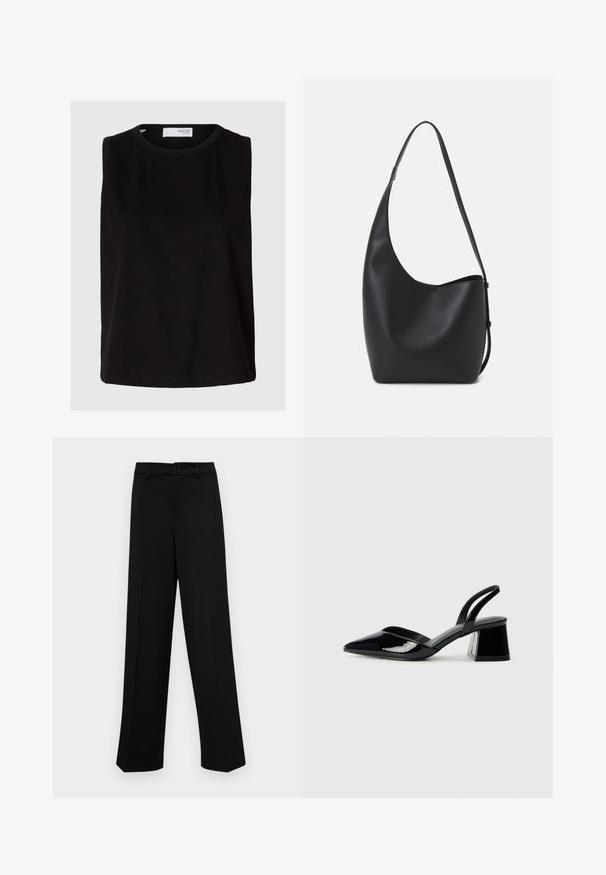 Black sleeveless top with a round neckline. Made of soft fabric, featuring a relaxed fit and clean, simple design. Plain without patterns.; Black wide-leg trousers made of smooth fabric, featuring a classic waistband with a button closure and front pleats.; Black patent leather slingback heels with a pointed toe and a geometric block heel. Features a sleek, minimal design and smooth texture.; Black leather hobo bag with a smooth texture, curved shape, and single adjustable strap; features a wide opening at the top.