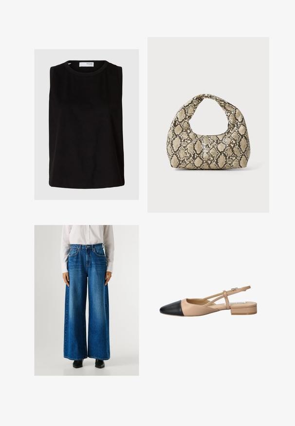 Top nero senza maniche con scollatura rotonda. Realizzato in tessuto morbido, presenta una vestibilità rilassata e un design pulito e semplice. Senza fantasie.; Jeans a gamba larga blu con vita alta, realizzati in denim, dotati di tasche anteriori e chiusura con bottone. Texture liscia con un lavaggio classico.; Scarpa slingback bicolore beige e nera con punta affilata, tacco piatto e dettaglio a fascia incrociata. Texture in pelle liscia.; Borsa a stampa rettile con manico curvo. Realizzata in materiali testurizzati beige e marroni, presenta un distintivo motivo a rombi.