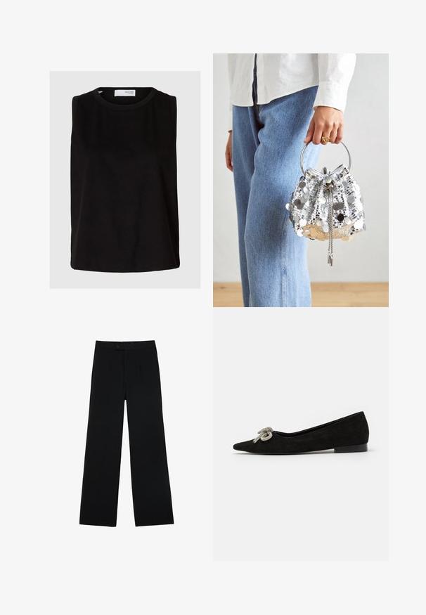 Zwart mouwloos topje met een ronde hals. Gemaakt van zacht materiaal, met een relaxte pasvorm en een schone, eenvoudige uitstraling. Effen zonder patronen.; Zwarte wijde broek van gladde stof, met een ritssluiting aan de voorkant en twee plooien voor extra detail. Over het geheel een nauwkeurige pasvorm.; Zwarte suède platte schoen met een puntige neus, versierd met een decoratieve zilveren strik aan de voorkant, en met een lage hak.; Zilveren paillet-emmer tas met een ronde metallic handgreep; beschikt over een trekkoordsluiting en kettingaccenten, geplaatst tegen lichtdenim en witte stof.