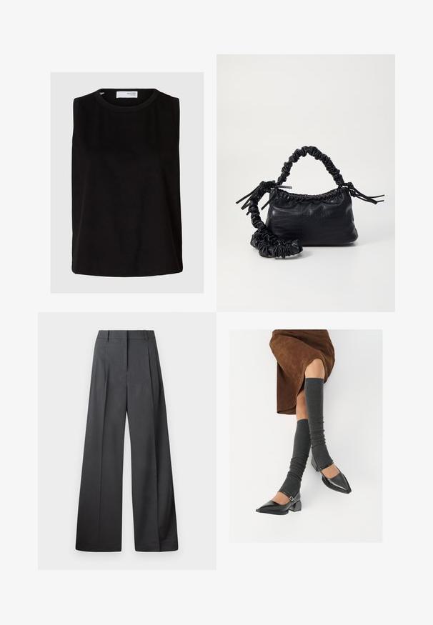 Crna majica bez rukava s okruglim izrezom. Izrađena od mekog materijala, ima opušteni kroj i jednostavan, čist dizajn. Jednostavna, bez uzoraka.; Hlače širokih nogavica u tamnosivoj tkanini, s visokim strukom, jednim naborom i glatkom teksturom s urednim završetkom na rubovima.; Crne lakirane cipele s šiljastim prstima, blok-petom i remenom oko gležnja, uparene s sivim rebrastim čarapama do koljena i smešnom suknjom od antilopa.; Crna torba od umjetne kože s teksturom krokodila, s cinčanim vrhom i naboranom trakom. Izgleda mekano i kompaktno u dizajnu.