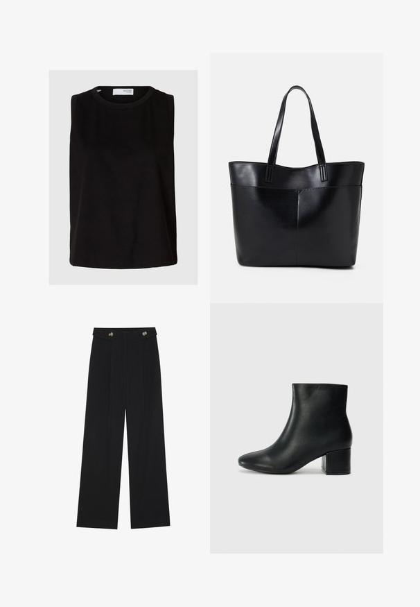 Top preto sem mangas com decote redondo. Feito de um tecido suave, apresenta um corte descontraído e um design limpo e simples. Liso, sem padrões.; Calças largas pretas com cintura alta, detalhes em botão na cintura e pregas frontais.; Botas de tornozelo em pele preta com bico pontiagudo e um salto robusto. Textura suave com acentos mínimos e um design ajustado e elegante.; Bolsa tote preta em couro com duas alças longas, textura suave e forma estruturada. Apresenta um bolso frontal para armazenamento adicional.