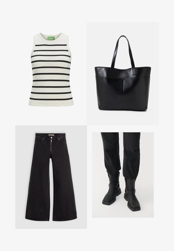 Bela majica brez rokavov z črnimi horizontalnimi črtami, ki ima prilegajoč kroj, okroglo ovratnik in gladko pleteno teksturo. Na oznaki je prikazano ime blagovne znamke.; Široke traperice iz črnega denima z zadrgo spredaj, petimi žepi in diskretnimi šivi. Gladka tekstura in ležeren slog.; Črne usnjene gležnjarje s kvadratnim nosom, ki vsebujejo širok trak in podrobnost z metalno zaponko. Gležnjarji imajo debelo podplat in gladko teksturo.; Črna usnjena torba z dvema dolgima ročajema, gladko teksturo in strukturirano obliko. Ima sprednji žep za dodatno shranjevanje.