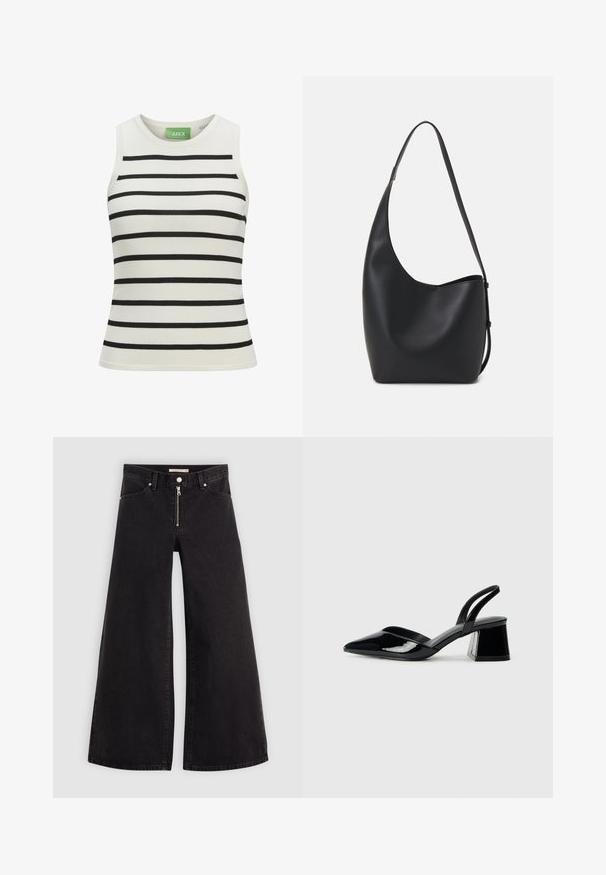 Bijeli top bez rukava s crnim horizontalnim prugama, s uskim krojem, okruglim izrezom i glatkom pleteninom. Na oznaci je prikazano ime brenda.; Široke traperice od crnog denima s prednjim zatvaračem, dizajnom s pet džepova i suptilnim detaljima šivanja. Glatka tekstura i ležeran stil.; Crne lakirane kožne sandale s otvorenom petom i špicastim vrhom, s geometrijskom blok petom. Imaju elegantan, minimalistički dizajn i glatku teksturu.; Crna kožna hobo torba s glatkom teksturom, zakrivljenim oblikom i jednom podesivom trakicom; ima širok otvor na vrhu.