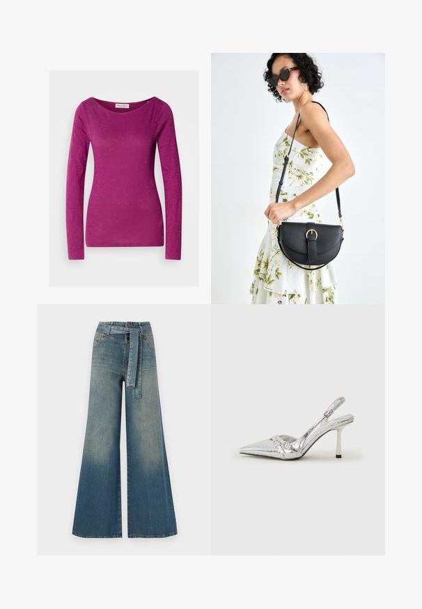 Ilga rankovė viršūnė ryškiai magentos spalvos. Pagaminta iš švelnaus, lengvo audinio su lygiu paviršiumi. Opos plačiu laivagalio iškirpimu ir lieknu siluetu.; Platus džinsinis kelnes su šviesiai tamsiai mėlynu gradientu, aukštu juosmeniu, diržo kilpomis ir atitinkančiu audinio diržu. Textūruotas džinsinis paviršius.; Sidabriniai slingback aukštakulniai batai su smailia pavadinimu, metaliniu paviršiumi, dviem dekoratyvinėmis juostelėmis ir lieknu kulnu su juodu galiuku.; Juodas odinis krepšys su išlenkta forma, nuimamu dirželiu ir auksiniais detalėmis. Krepšys turi kilpą su sagtimi.