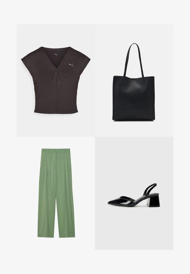 Fekete sportos felső V-nyakkal és rövid, kis ujjal. Simaságú anyagból készült, középen csavart részlettel. Kis Puma logóval rendelkezik.; Zöld, bő szárú nadrág sima anyagból. Elöl pliszék, egy gombos zárás és övbújtatók találhatók rajta.; Fekete lakk bőr szandálkés magas sarkú cipő, hegyes orral és geometrikus tömbsarkakkal. Karcsú, minimalista dizájn és sima textúra jellemzi.; Fekete bőrtáska sima felszínnel, téglalap alakú, két hosszú füllel. Nincs látható fémkiegészítő vagy díszítés.