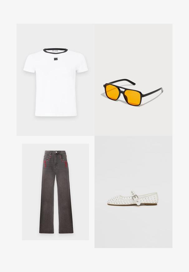 Balts īsām piedurknēm T-krekls ar melnu ribotu apkakli un mazu melnu DKNY logo izšuvumu priekšpusē. Gluda kokvilnas auduma. ; Platām kājām, augsta vidukļa džinsi izbalinātā melnā denīmā ar sarkaniem šņorēšanas elementiem un metāla acīm priekšējās kabatās. Iekļauj klasisku pogu un rāvējslēdzēja aizdari.; Baltas plakans zābaks ar smailu purngalu, rotāts ar sudraba kniedēm, ar sprādzi, kas iet ap potīti, un gaiši brūnu zoli.; Melni taisnstūra saulesbrilles ar spilgti oranžām lēcām. Iespējota unikāla tilta dizainu un slaidas kājas, izgatavotas no viegla materiāla.