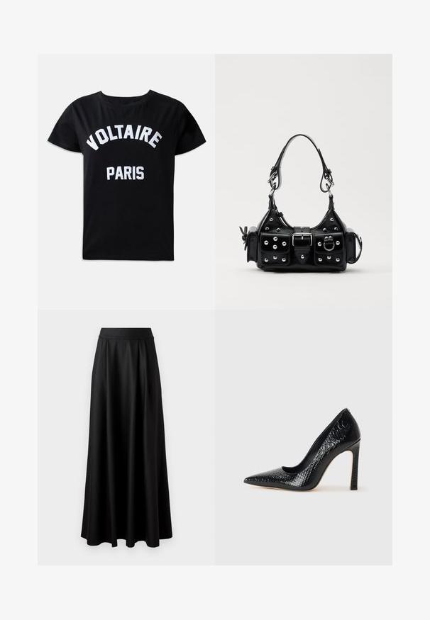 Sort bomulds t-shirt med hvid broderet tekst, der står "VOLTAIRE PARIS" i fed skrift, rund hals og korte ærmer.; Sort, gulvlange nederdel med en glat tekstur, bred taljeelastik og plisseret design, uden synlige mønstre eller udsmykninger.; Sorte spidse tå stiletto-sko i krokodilleskind med et strømlinet design, høj hæl og glat sort inderside.; Sort læderhåndtaske med et buet design, prydet med sølvfarvede nitter, en spænde og to sidelommer. Justerbar rem til forskellige bære muligheder.