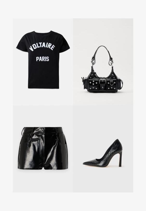 Black cotton t-shirt featuring white embroidered text that reads "VOLTAIRE PARIS" in a bold font, crew neck, and short sleeves.; Black, glossy shorts made of synthetic material. Features a fitted waist, belt loops, and front pockets with prominent stitching details.; Black pointed-toe high heel shoe with a crocodile-skin texture, featuring a sleek design, high stiletto heel, and smooth black interior.; Black leather handbag with a curved design, featuring silver studs, a buckle, and two side pockets. Adjustable strap for carrying options.