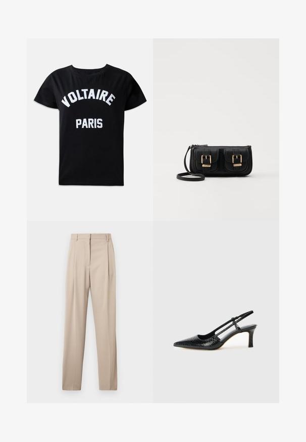 Svart bomull T-skjorte med hvit brodert tekst som sier "VOLTAIRE PARIS" i fet skrift, rund hals og korte ermer.; Beige skreddersydde bukser med rett ben, med legg foran og beltesløyfer, laget av et glatt stoff.; Sorte patent slingback hæl med spids tå, featuring tekstureret slangeskind, justerbar rem og en kort, tekstureret blokhæl.; Svart skinn crossbody veske med to frontlommer, gyldne spenner, glidelåslukking og en slank stropp. Teksturert overflate og kompakt rektangulær form.