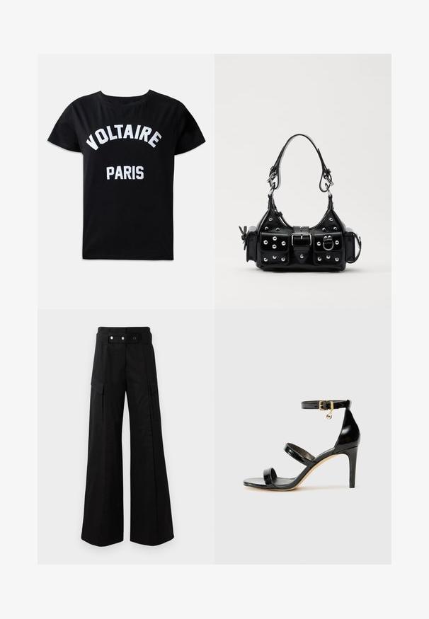 Black cotton t-shirt featuring white embroidered text that reads "VOLTAIRE PARIS" in a bold font, crew neck, and short sleeves.; Black wide-leg pants with a high waistband, featuring large side pockets, two front buttons, and a loop detail. Made from sturdy fabric.; Black patent leather sandal with three straps, ankle buckle, and 4-inch stiletto heel. Features gold hardware detail and logo charm.; Black leather handbag with a curved design, featuring silver studs, a buckle, and two side pockets. Adjustable strap for carrying options.