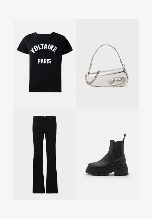Melna kokvilnas T-krekls ar baltu izšūtu tekstu, kas lasāms "VOLTAIRE PARIS" blīvā fontā, ar apaļu kaklu un īsām piedurknēm.; Melni flared džinsi, izgatavoti no džinsa auduma, ar divām priekšējām kabatām, pogu aizdari un gludu tekstūru. Redzamā veikala šuvju rakstība.; Melnas Chelsea zābaki, kas izgatavoti no gludas ādas, ar elastīgām sānu daļām, biezu, rievotu gumijas zoli un vilkšanas cilpu aizmugurē.; Sudraba metāla rokas soma ar noapaļu trīsstūra formu, ar logotipu, ķēdes siksnu un gludu tekstūru. Sānos atverama ar rāvējslēdzēju.