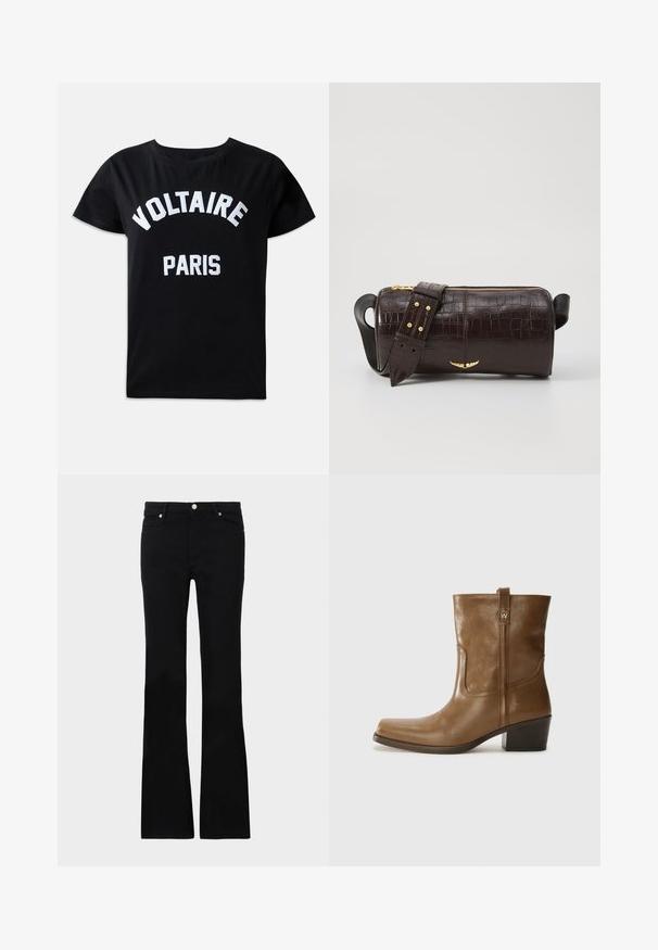 Black cotton t-shirt featuring white embroidered text that reads "VOLTAIRE PARIS" in a bold font, crew neck, and short sleeves.; Black flared jeans made of denim, featuring two front pockets, a button closure, and a smooth texture. Signature stitching visible at seams.; Brown leather ankle boot with a square toe, textured finish, and a low stacked heel. Features a rear pull tab and subtle stitching details.; Brown crocodile-embossed leather bag with a cylindrical shape, gold-tone hardware, and a detachable strap featuring studs.