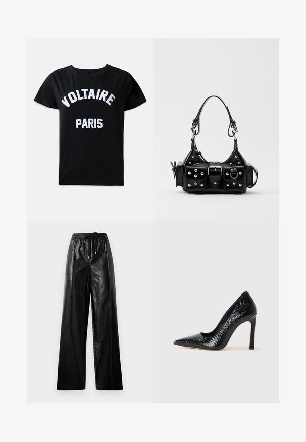Sort bomulds t-shirt med hvid broderet tekst, der står "VOLTAIRE PARIS" i fed skrift, rund hals og korte ærmer.; Sorte læder bukser med vide ben, elastisk taljebånd, snoretræk og guldfarvede hardware detaljer. Glat tekstur og løs pasform.; Sorte spidse tå stiletto-sko i krokodilleskind med et strømlinet design, høj hæl og glat sort inderside.; Sort læderhåndtaske med et buet design, prydet med sølvfarvede nitter, en spænde og to sidelommer. Justerbar rem til forskellige bære muligheder.