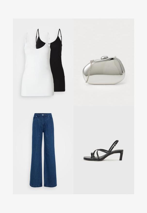 Două topuri pentru femei: unul alb și unul negru, realizate dintr-un material moale, având bretele subțiri și un decolteu în V adânc.; Jeans din denim albastru, cu pantaloni largi, talie înaltă, închidere cu buton și fermoar frontal, și buzunare în față și în spate, pe un fundal simplu.; Sandal cu barete negre, cu vârf pătrat și toc mic de bloc. Prezintă mai multe barete subțiri și o bareta ajustabilă la gleznă. Fabricat din piele netedă.; Clutch metalic argintiu cu o formă rotunjită și netedă. Dispune de un sistem de închidere cu carabină și o curea detașabilă. Suprafață reflectorizantă, fără modele.