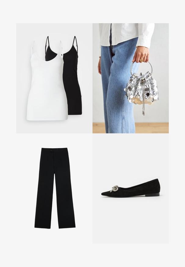 Två damtopp: en vit och en svart, gjorda av mjukt material, med tunna axelband och en djup V-ringning.; Svarta vida byxor i slätt tyg, med stängning fram med knapp och två veck för extra detalj. Skräddarsydd design överlag.; Svart mocka platt sko med spetsig tå, dekorerad med en prydlig silverrosett framtill, med låg klack.; Silverfärgad paljettbucketsväska med ett cirkulärt metallhandtag; har snörstängning och kedjedetaljer, mot en bakgrund av ljus denim och vitt tyg.