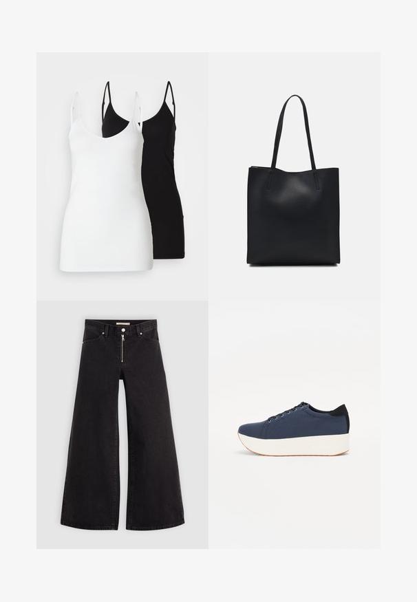 Dvě dámské tílka: jedno bílé a jedno černé, vyrobená z měkké látky, s tenkými ramínky a hlubokým výstřihem do V.; Džíny s širokými nohavicemi v černém denimovém provedení se zipem vpředu, pěti kapsami a jemnými švy. Hladká textura a ležérní styl.; Námořnické modré tenisky s texturovaným textilním svrškem, bílou platformovou podrážkou, kulatou špičkou a černým akcentem na patě. Obsahují šest očíček pro tkaničky.; Černá kožená taška přes rameno s hladkým povrchem, obdélníkovým tvarem a dvěma dlouhými uchy. Žádné viditelné kování ani ozdoby.