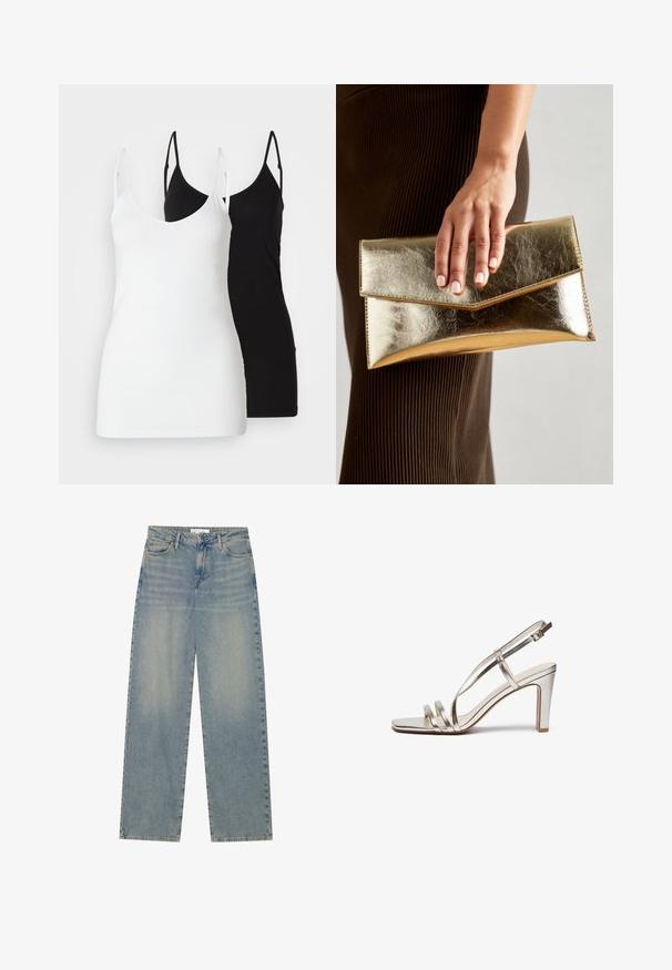 Twee dames tanktops: een witte en een zwarte, gemaakt van een zachte stof, met dunne bandjes en een diepe V-hals ontwerp.; Lichtblauwe high-waist spijkerbroek met rechte pijpen, voorzakken, riemlussen en zichtbare knoop- en ritssluiting.; Metallisch zilveren hoge hak sandaal met een open teen, voorzien van drie dunne banden over de voet en een enkelband met een gesp.; Gouden metallic clutchbag met een gladde textuur, voorzien van een driehoekige klep sluiting. De hand die het vasthoudt heeft netjes manicured nagels.; Zilveren oorbel met een gepolijste afwerking, met kleine gouden accentdetails en een ronde vorm, gedragen op de oorlel.
