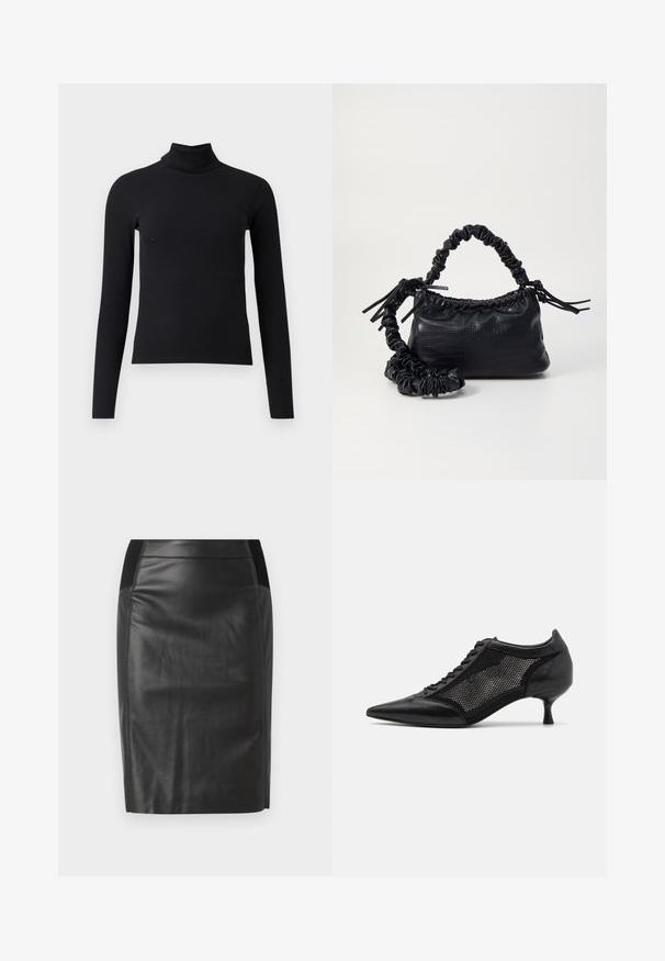 Black ribbed turtleneck sweater with long sleeves, fitted design, smooth texture, and high collar. No visible patterns or embellishments.; Black leather pencil skirt with a fitted design, smooth texture, and elastic waistband accents on both sides. Flat hem at the bottom.; Black pointed-toe shoe with a mesh panel design, featuring a low heel and lace-up front. Made from a combination of leather and mesh material.; Black faux leather handbag with a crocodile texture, cinched top, and a scrunched strap. Appears soft and compact in design.
