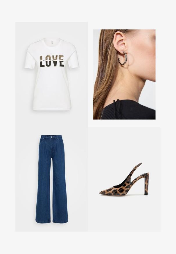 White cotton t-shirt featuring a black and leopard print "LOVE" graphic, round neckline, short sleeves, and a relaxed fit.; Wide-leg blue denim jeans with a high waist, front button and zipper closure, and front and back pockets against a plain background.; Leopard print slingback pump with a pointed toe and transparent block heel. Made of glossy material with a smooth texture.; Silver hoop earring with a polished finish, featuring small gold accent details and a round shape, worn on the lobe.