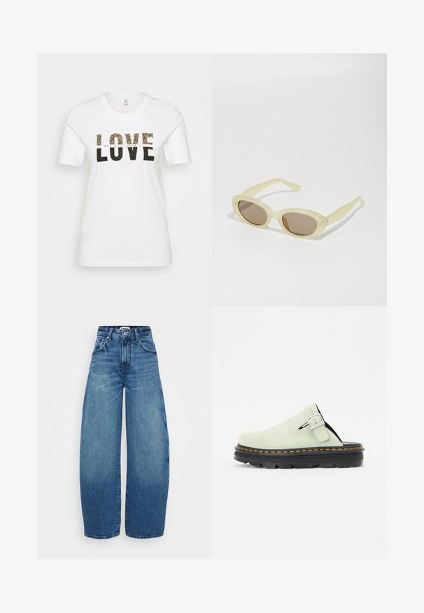 Hvit bomull T-skjorte med et svart og leopardmønster "LOVE" trykk, rund hals, korte ermer og en avslappet passform.; Bredde ben, blå denim jeans med høy midje, som har en lys til mørk vaskegradient, frontlommer og knappelukking.; Lys grønn semsket klippsko med rund tå, justerbar spenne, og svart teksturert såle med oransje sømdetaljer.; Ovale solbriller med en gjennomsiktig lys gul ramme og brune linser. Har en jevn tekstur og subtile metallakenter på sidene.