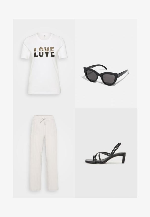 Bela bombažna majica s črnim in leopardjim vzorcem "LOVE" grafiko, okroglo izrezano ovratnik, kratkimi rokavi in sproščenim krojem.; Svetlo bež lanene hlače z širokim krojem, elastičnim pasom in sprednjim pasom. Teksturna tkanina dodaja vizualni interes.; Črne natikače s trakovi in kvadratnim prstom ter nizkim blokastim peto. Imajo več tankih trakov in nastavljiv trak okoli gležnja. Narejene so iz gladkega usnja.; Črne mačke-oko sončna očala z mat zaključkom, ki imajo sive tonirane leče, ostre kote in eleganten stranski del. Ime blagovne znamke je vidno na notranjem ročaju.