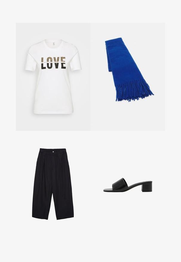Biała bawełniana koszulka z krótkim rękawem, z nadrukiem "LOVE" w czarno-leopardzim wzorze, okrągłym dekoltem i luźnym krojem.; Czarne spodnie culotte z poliestru z elastycznym pasem, dwoma fałdami z przodu i luźnym krojem. Brak widocznych wzorów lub elementów metalowych.; Czarne skórzane klapki na otwartym palcu z szerokim paskiem i solidnym obcasem blokowym. Charakteryzują się gładką fakturą i minimalistycznym designem.; Niebieski pleciony szalik z frędzlami na końcach, gładka tekstura, prostokątny kształt i jednolity kolor na całej powierzchni. Odpowiedni na zimną pogodę.