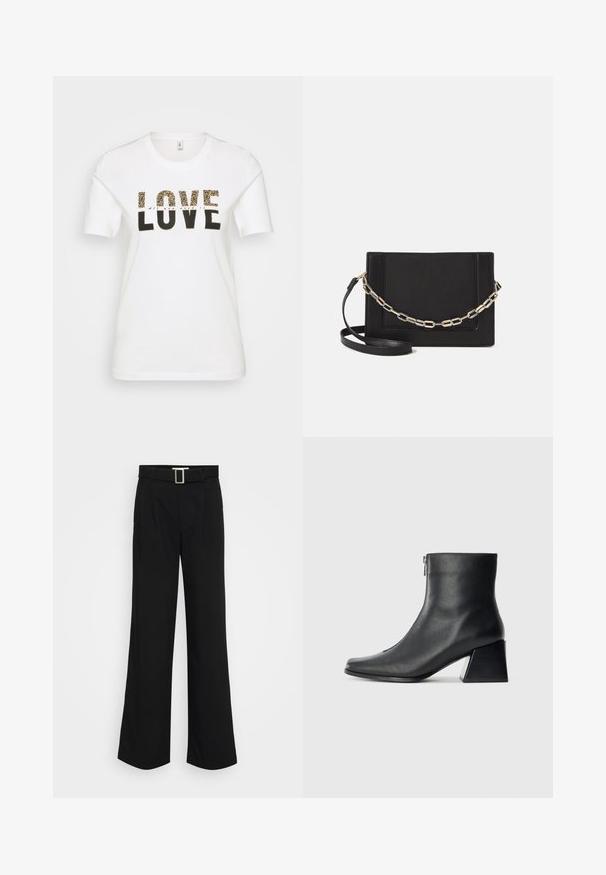 Valge puuvillane t-särk, millel on must ja leopardimustriga "LOVE" graafika, ümar kaelus, lühikesed varrukad ja lõdva gist.; Mustad laiad püksid, mis on valmistatud kerge kangaga, silindri tekstuuriga, ees on voltide detail ja ruudukujuline metallist pandla külge. ; Must musta ankle bot, mille ruudukujuline varvas, külgriiv ja plokk-konts, heledal taustal.; Mustast nahast õlakott, mis omab siledat tekstuuri, ristküliku kuju ning esiküljel metallketi detaili. Reguleeritav rihm on kaasas.; Hõbedane kahekordne rõngas sujuva, poleeritud pinnaga. Omab voolavat, kõverat disaini, millel on kattuvad sektsioonid, et saavutada kaasaegne ilme.