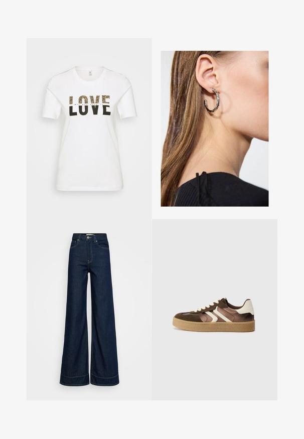 Hvid bomulds t-shirt med et sort og leopardmønster "LOVE" grafik, rund halsudskæring, korte ærmer og en afslappet pasform.; Mørkeblå høj talje brede bukser med forlommer, bæltestropper, knaplukning og synlige syninger på en hvid baggrund.; Brune og creme sneakers med en kombination af ruskind og satin materialer, der har tre diagonale striber og en struktureret gummisål.; Sølv hoop ørestik med en poleret overflade, prydet med små guld accenter og en rund form, båret på øreflippen.