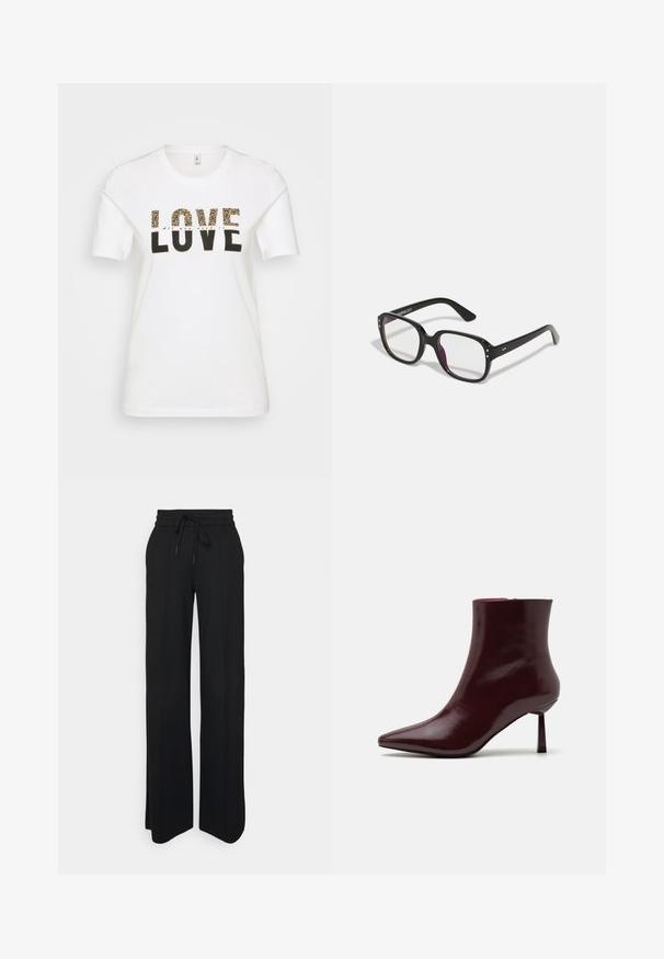 Tricou alb din bumbac, cu un grafic "LOVE" în imprimeu negru și leopard, decolteu rotund, mâneci scurte și o croială lejeră.; Pantaloni negri cu picioare largi, confecționați dintr-un material moale. Au un elastic în talie cu șnur, linii curate și nu au modele sau accente vizibile.; Botina din piele patent burgund cu vârf ascuțit și toc stiletto subțire, având o textură netedă și lucioasă și un design minimalist.; Ochelari negri rectangulari cu lentile transparente, având margini rotunjite și accente laterale, cu un finisaj lucios pe ramă și brațe.