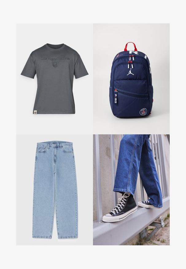 Grå t-skjorte med korte ermer laget av bomull med "Las Vegas Raiders" tekst og logo brodert på forsiden. Har rund halslinning.; Lyseblå denimjeans med rett ben-design, med mid-rise liv, fem lommer og knap og lynlås lukning.; Svarte høy-hælte joggesko med hvit såle og snøring, paired med løse blå denim-jeans, hvilende på et grått rekkverk.; Marineblå ryggsekk med røde detaljer, flere glidelåslommer, logo-patcher og justerbare stropper. Laget av slitesterkt stoff.