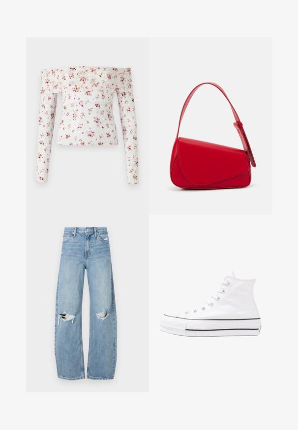 Avskjærte blomstret topp i blondestoff, med røde og grønne blomster mønster på hvit bakgrunn, lange ermer og en tettsittende design.; Lyseblå høytlivsjeans laget av denim. Har vide bein, to revne knær og klassisk fem-lommers design.; Hvit høy-skinn kanvas sneakers med svart gummisåle, gummitåhette foran og seks hull for snorer, med et rent, minimalistisk design.; Rød lærveske med en vinklet, geometrisk design. Har en enkelt justerbar stropp og en klaffelukking med sydd detaljer.