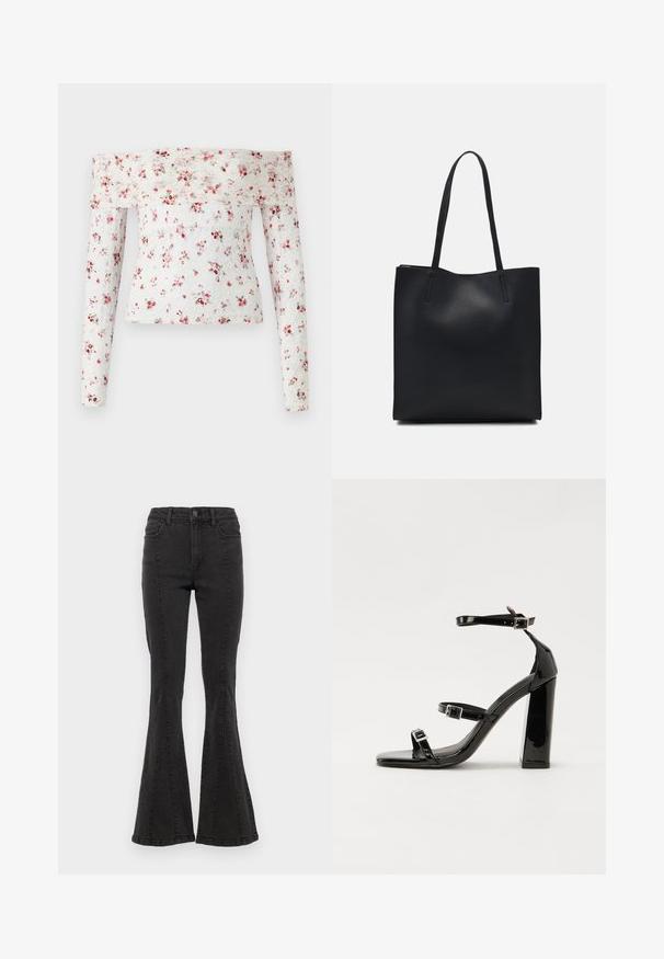 Vállról lelógó csipkeból felső, piros és zöld virágmintákkal fehér háttéren, hosszú ujjakkal és testhez simuló fazonnal.; Fekete farmer anyagú harang szabású nadrág, magas derékkal, oldalsó varrással és letisztult szegéllyel. Az anyag sima tapintású, enyhe rugalmassággal.; Fekete lakk magas sarkú szandál négyzet alakú orral, bokapántokkal és ezüst csatokat tartalmaz. Masszív blokk sarka a stabilitásért felel.; Fekete bőrtáska sima felszínnel, téglalap alakú, két hosszú füllel. Nincs látható fémkiegészítő vagy díszítés.