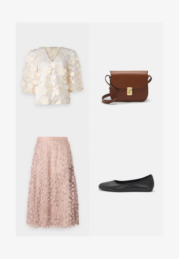 Ida Sjöstedt MYLA BRIDAL EXCLUSIVE - Camicetta - cream white; Gonna midi in pizzo rosa pallido con ricami floreali, caratterizzata da una vita aderente e un design a strati, che esalta una texture delicata.; Pantofole da balletto nere in pelle con punta arrotondata, texture liscia, dettagli di cucitura minimi e design con suola flessibile.; Borsa a tracolla in pelle marrone con chiusura a pattina, hardware color oro, tracolla e una finitura liscia. Forma rettangolare compatta.