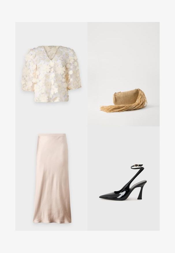 Ida Sjöstedt MYLA BRIDAL EXCLUSIVE - Bluse - cream white; Satin-midirock in hellbeige, mit passgenauer Taille, glatter Textur und ausgestelltem Saum, ohne sichtbare Verzierungen oder Taschen.; Schwarze Lackleder-Slingbacks mit spitz zulaufender Zehenpartie, verstellbarem Knöchelriemen und moderatem Blockabsatz. Glatte Textur mit glänzender Oberfläche.; Cult Gaia VIERA - Clutch - natural