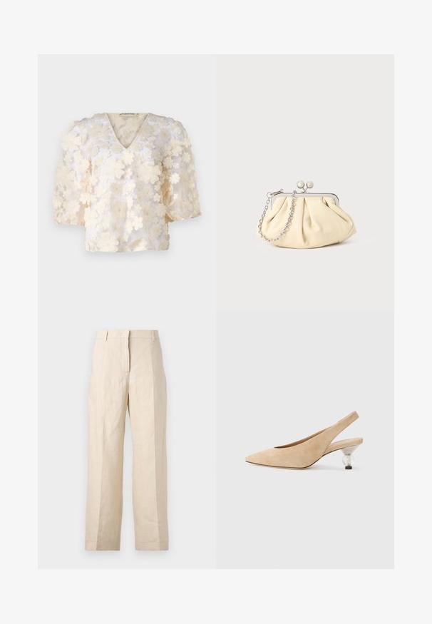 Ida Sjöstedt MYLA BRIDAL EXCLUSIVE - Bluză - cream white; Pantaloni din in bej cu croială lejeră, cu față pliată și picioare drepte. Prezintă un brâu cu bucle pentru curea și fără buzunare vizibile.; Pantof bej din piele sușie, cu vârful ascuțit și toc rotund transparent. Textură netedă și design minimalist.; Clutch din piele plisată bej, cu un cadru din metal argintiu, având două închideri decorative rotunde și o curea din lanț argintiu.