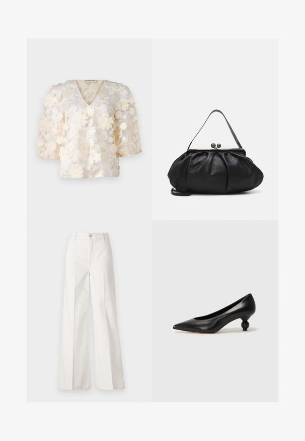 Ida Sjöstedt MYLA BRIDAL EXCLUSIVE - Pusero - cream white; Valkoiset leveälahkeiset housut, jotka on valmistettu puuvillasta ja joissa on sileä rakenne. Ominaisuuksiin kuuluvat etupainike, vetoketjuluukku ja neljän taskun muotoilu.; Musta nahkakengät korkealla korolla, joissa on terävä kärki ja pyöreä, pallomainen korko. Sileä pinta ja tyylikäs, minimalistinen muotoilu.; Musta nahkalaukku, jossa on pyöreä, poimutettu muotoilu. Varustettu metallisella lukolla, jossa on kaksi koristepalloa ja ohut, irrotettava olkahihna.