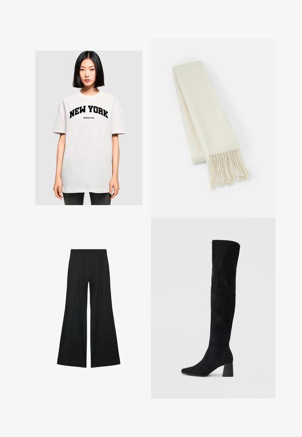 Camiseta blanca de gran tamaño con la inscripción "NUEVA YORK" en letras negras en negrita. Manga corta y cuello redondo, hecha de suave material de algodón.; Pantalones de pierna ancha negros con una textura suave, que presentan pliegues frontales y un diseño a medida. La tela es ligera y fluida.; Bota de ante negra hasta la rodilla con tacón cuadrado, puntera afilada y diseño liso y sin costuras sobre un fondo claro.; Bufanda blanca de lana, forma rectangular, textura suave, con extremos con flecos para un detalle añadido.