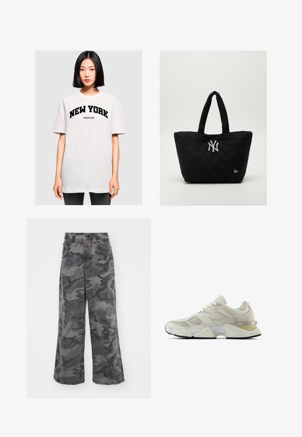 White oversized t-shirt featuring "NEW YORK" in bold black lettering. Short sleeves and a round neckline, made from soft cotton material.; Wide-leg camouflage jeans in shades of gray, made of denim, featuring two side pockets and a high waist design. Textured fabric with a printed pattern.; White sneaker with mesh and suede upper, rounded toe, and padded collar. Features reflective accents and a thick, textured sole.; Quilted black tote bag with double handles, featuring a white New York Yankees logo and a small brand emblem on the side.