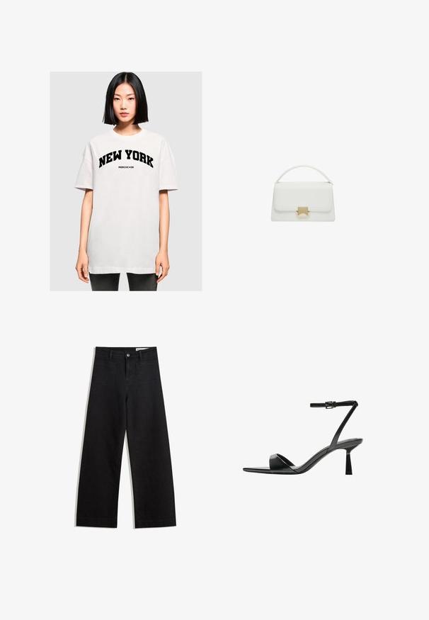 Weißes oversize T-Shirt mit dem Aufdruck "NEW YORK" in fetter schwarzer Schrift. Kurzärmlig und mit rundem Halsausschnitt, aus weichem Baumwollmaterial hergestellt.; Schwarze weit geschnittene Jeans mit hoher Taille, ausgestattet mit Vorder- und Hintertaschen, gesteppten Nähten und einem Knopfverschluss. Glatte Textur.; Bershka High Heel Sandalette - black; Weiße Lederhandtasche mit strukturiertem Design, ausgestattet mit einem oberen Griff und einem goldfarbenen Verschluss. Glatte Textur und minimalistische Akzente.