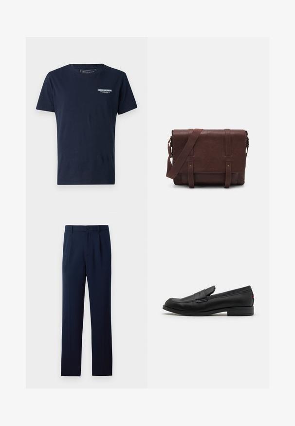 Marinblå bomullströja med rund hals, korta ärmar och en liten broderad logotyp på bröstet. Klassisk passform och mjuk textur.; Tre långärmade skjortor: ljusblå, vit och marinblå. Alla har en klassisk krage och knappstängning fram, tillverkade av slät tyg.; Mjölnarblå byxor i slätt tyg, med en enskild knäppning, veck och raka ben. Minimalistisk design utan märkbara mönster.; Svarta läderloafers med en slät finish, rund tå och en liten dekorativ flik. Har en låg staplad klack och subtilt varumärkesdetalj.; Brun läder budväska med en platt framklaff, två remmar, gyllene detaljer och en justerbar axelrem.