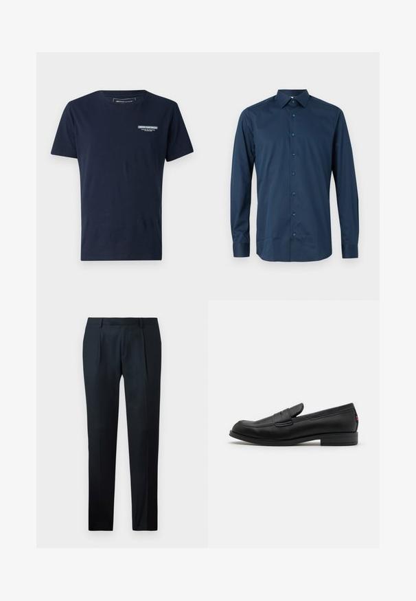 Temno modra bombažna majica s kratkimi rokavi in okroglim izrezom, z majhnim vezenim logotipom na prsih. Klasičen kroj in gladka tekstura.; Temno modra srajca z dolgimi rokavi in gumbi, izdelana iz gladkega materiala. Ima klasičen ovratnik, sprednji del z ustreznimi gumbi in manšete na rokavih.; Črne krojene hlače iz gladkega materiala, s slim fit obliko, dvema sprednjima naborkoma in ravnim pasom brez vidnih kovinskih delov.; Črne usnjene mokasine z gladko površino, zaobljenim nosom in majhnim okrasnim preklopom. Imajo nizek zložen peto in subtilen detajl blagovne znamke.
