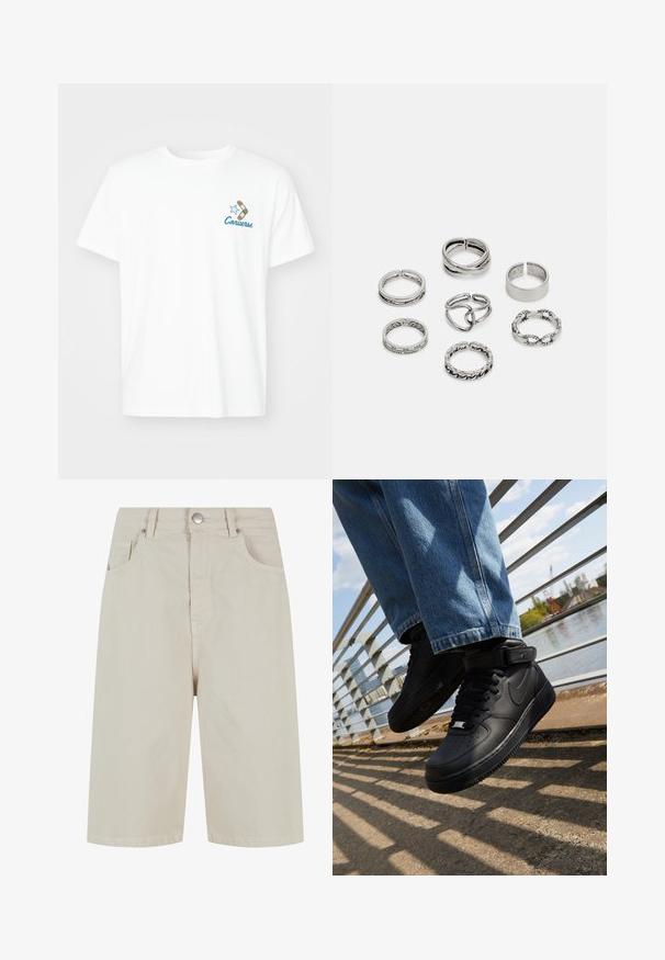 Tricou alb din bumbac cu mâneci scurte și guler rotund, având un logo brodat al brandului "Converse" în culoarea albastră și un design cu o sneaker și o stea.; Shorts din denim bej cu croială dreaptă, închidere prin buton frontal și patru buzunare. Tesătura are o textură netedă și detalii de cusătură minime.; Adidași Nike Air Force 1 negri, cu superior din piele, limbă din plasă și talpă din cauciuc, având un design de tip high-top și șireturi groase.; Set de șapte inele din argint cu diverse modele, inclusiv modele răsucite, legate și gravate. Forme și lățimi diferite.