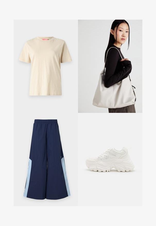 Beige tričko s krátkým rukávem vyrobené z měkké bavlny, s kulatým výstřihem a rovný střih. Minimalistický design bez vzorů nebo grafik.; Námořnické široké kalhoty s elastickým pasem, s modro světle modrými bočními panely a hladkou texturou. Navrženo pro pohodlí a snadný pohyb.; Bílé robustní tenisky s texturovaným svrškem, síťovinovými panely a silnými gumovými podrážkami s výrazným vzorem protiskluzu. Součástí jsou tkaničky a poutko.; Beige kabelka vyrobená z měkkého materiálu, s volným designem, prošívanými detaily a dvěma ramenními popruhy. Vhodná pro každodenní použití.