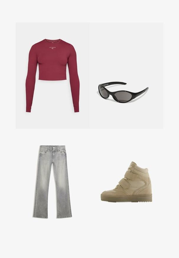 Burgundy long-sleeve crop top made of smooth, stretchy fabric. Features a rounded neckline and small white logo on the chest.; Gray denim flared jeans with a faded finish, featuring a button closure, five pockets, and stitched detailing along the waistband and hem.; Beige high-top sneakers with a suede and mesh design, adjustable Velcro straps, and a thick rubber sole featuring a zigzag pattern.; Black sunglasses with an oval shape and dark lenses. Sleek plastic frame with textured accents on the arms. Branding on the side.