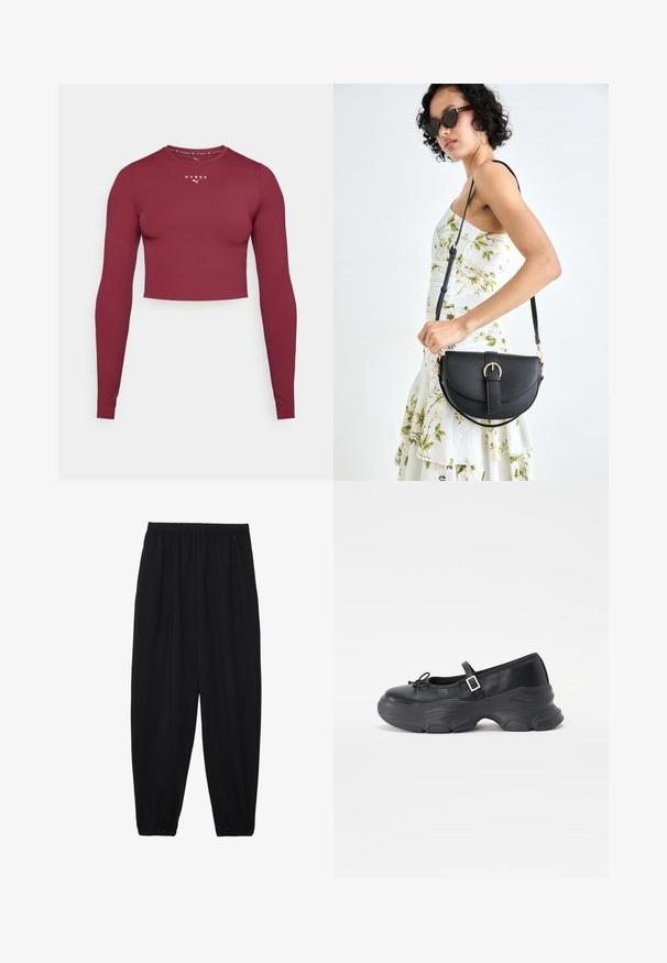 Bordeaux lange mouw crop top van soepel, rekbaar materiaal. Kenmerkt zich door een ronde halslijn en een klein wit logo op de borst.; Zwarte, lichte broek met een elastische tailleband en gathered enkels. De stof is glad en heeft een ontspannen, taps toelopend ontwerp.; Zwarte leren Mary Jane-schoen met een ronde neus, strikdetails en een verstelbare enkelband. Beschikt over een chunky rubberen zool met gebogen accenten.; Zwarte leren handtas met een gebogen vorm, afneembare schouderband en gouden hardware. De tas heeft een klep met een gespsluiting.