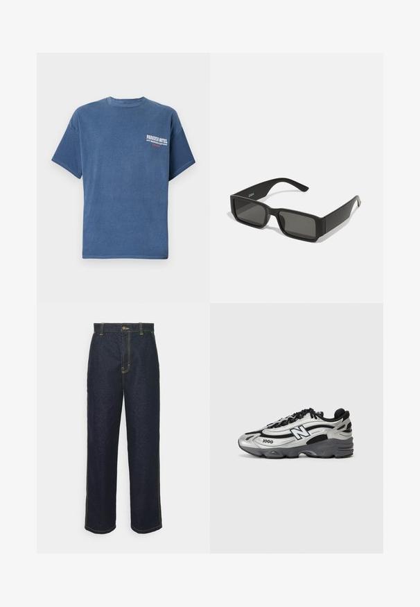 Blå casual t-skjorte laget av bomull, med kortermet og rund hals; har "Paradiso Hotel"-logoen trykket på venstre bryst.; Bredde bein mørke denimjeans med gule sømmer, med en frontknapplås og sidelommer. Glatt tekstur og tradisjonelt design.; Sølv- og svarte treningssko med mesh-overdel, polstret såle, snøring og sidebranding.; Svarte solbriller med rektangulære linser, matte plastikkramme og rette kanter. Har merkevarelogo på innsiden av armen.