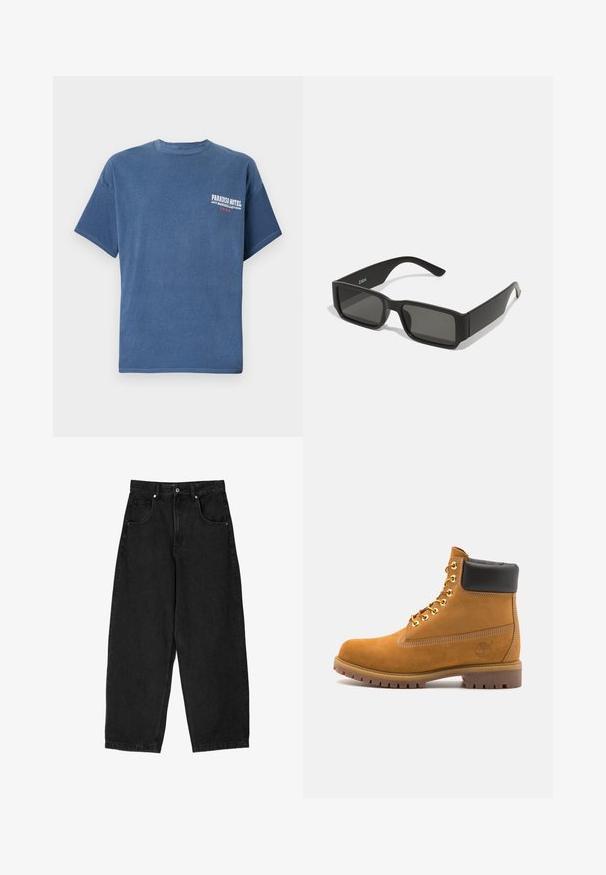 Niebieska, luźna koszulka bawełniana z krótkim rękawem i okrągłym dekoltem; z logo "Paradiso Hotel" nadrukowanym na lewej piersi.; Czarne dżinsowe spodnie o szerokich nogawkach z wysokim stanem, wyposażone w pięć kieszeni, zamek błyskawiczny i metalowy guzik. Gładka faktura, minimalne wykończenia.; Beżowe zamszowe botki sięgające kostki z czarną wyściełaną krawędzią, złotymi oczkami, białymi detalami szycia oraz wytrzymałą gumową podeszwą z wyraźnym bieżnikiem.; Czarne okulary przeciwsłoneczne z prostokątnymi soczewkami, matowa plastikowa oprawka i proste krawędzie. Posiadają logo marki na wewnętrznej stronie ramienia.