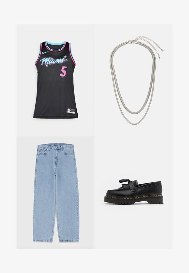 Svart baskettröja i nätmaterial. Utsmyckad med rosa och blå detaljer, texten "Miami" och nummer "5". Inkluderar NBA-logga.; Ljusblå denimjeans med rak bendesign, midjehög midja, fem fickor samt knapp- och dragkedjestängning.; Svart läderloafer med en tofsdetalj, med en kraftig svart sula och gul söm längs kanten. Strukturerad yta.; Tre-lager silvermetallhalsband med eleganta, flexibla kedjor med en svag glans, säkrad med ett kräftklämma och justerbar kedja.