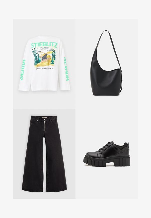 T-shirt de manga longa branca com uma cena montanhosa colorida featuring um urso, e "STIEGLITZ" e "NEVADA" impressos em verde nas mangas.; Calças de ganga de perna larga em denim preto com fecho éclair à frente, design de cinco bolsos e detalhes de costura subtil. Textura suave e estilo casual.; Sapatos de plataforma em couro preto com um salto bloco robusto, bico redondo e design clássico de atacadores. Apresentam uma textura suave e detalhes mínimos.; Saco hobo preto em pele com uma textura lisa, forma curva e uma única alça ajustável; apresenta uma abertura larga na parte de cima.